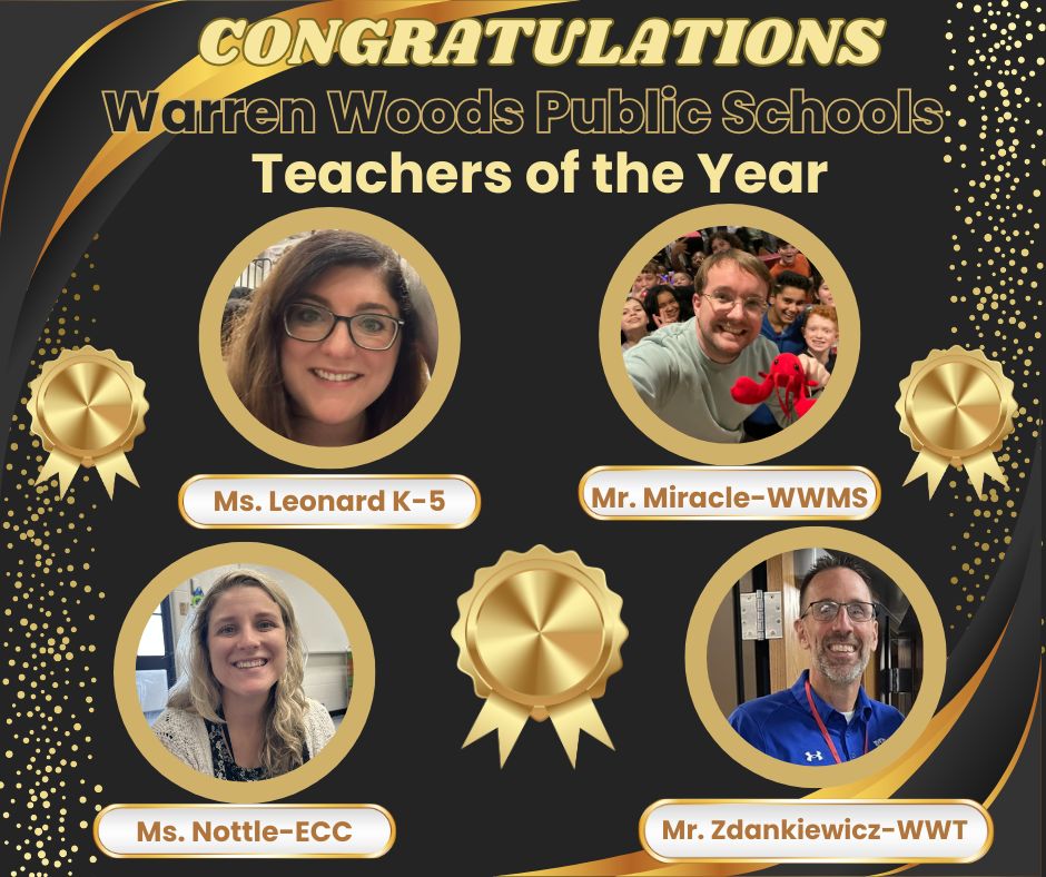 Congratulations to this year's WWPS Teachers of the Year!

Elementary: Ms. Leonard
Middle School: Mr. Miracle
High School: Mr. Zdankiewicz
Early Childhood Center: Ms. Nottle