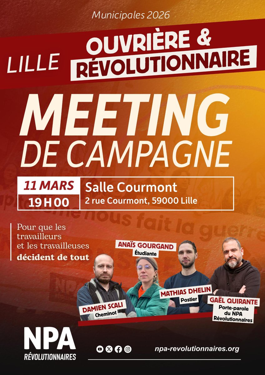 Meeting de fin de campagne pour la liste Lille ouvrière et révolutionnaire le 11 mars à 19h à la salle Courmont ! 

En présence de nos candidats et de notre porte parole <a href="/gaelquirante/">Gaël Quirante</a> ! 🚩

Venez nombreux !