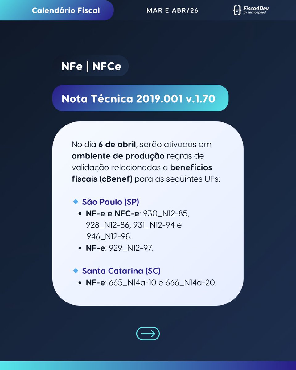 tecnospeed's tweet photo. 5️⃣ NFe | NFCe - 6 de abr: Regras de validação para benefícios fiscais.

6️⃣ DFe - 6 de abr: Atualizações no DF-e e transações financeiras.

7️⃣ eSocial - 6 abr (produção restrita) e 27 abr (produção): Ajustes no evento S-2500. https://t.co/VYmVVRMHdI