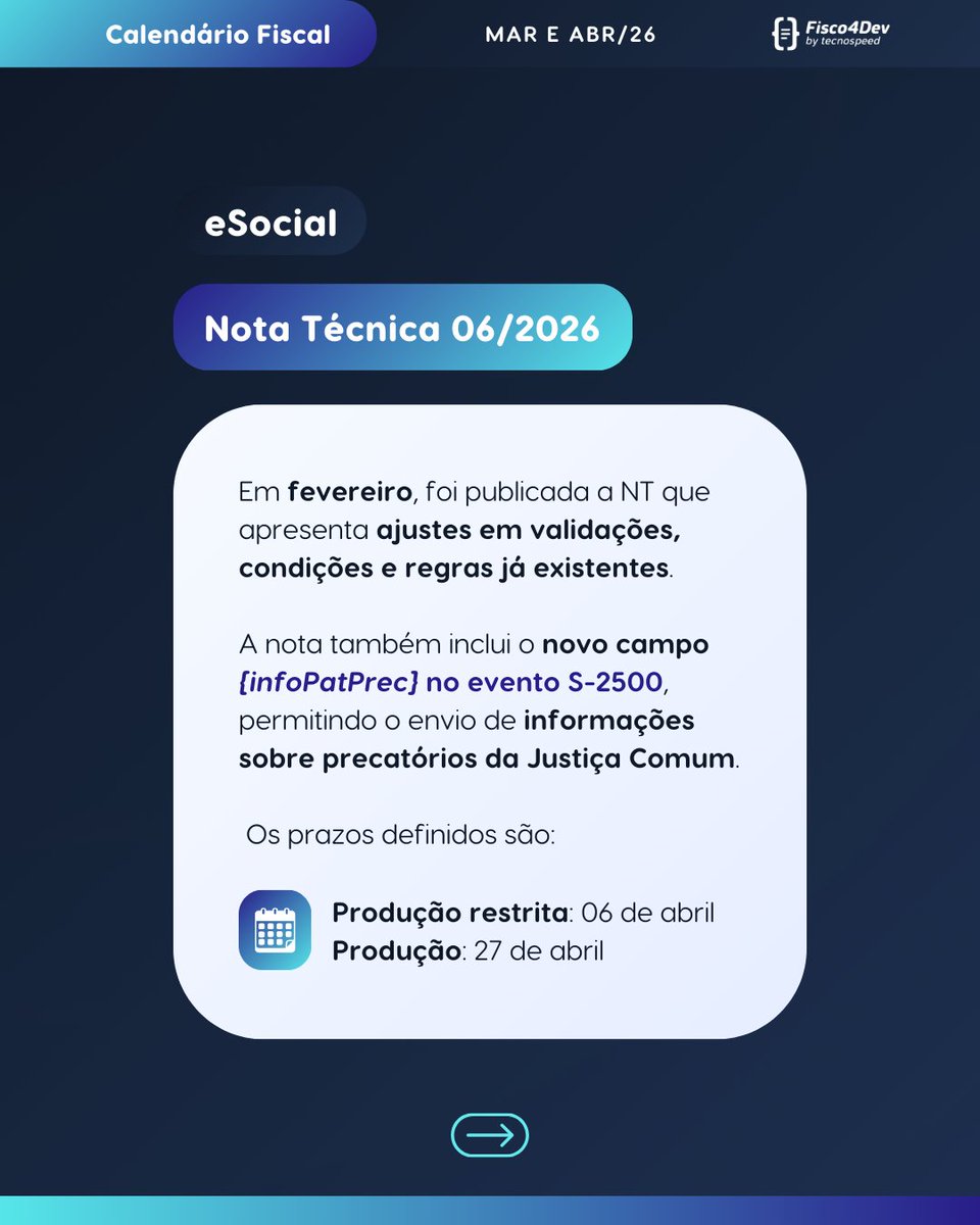tecnospeed's tweet photo. 5️⃣ NFe | NFCe - 6 de abr: Regras de validação para benefícios fiscais.

6️⃣ DFe - 6 de abr: Atualizações no DF-e e transações financeiras.

7️⃣ eSocial - 6 abr (produção restrita) e 27 abr (produção): Ajustes no evento S-2500. https://t.co/VYmVVRMHdI