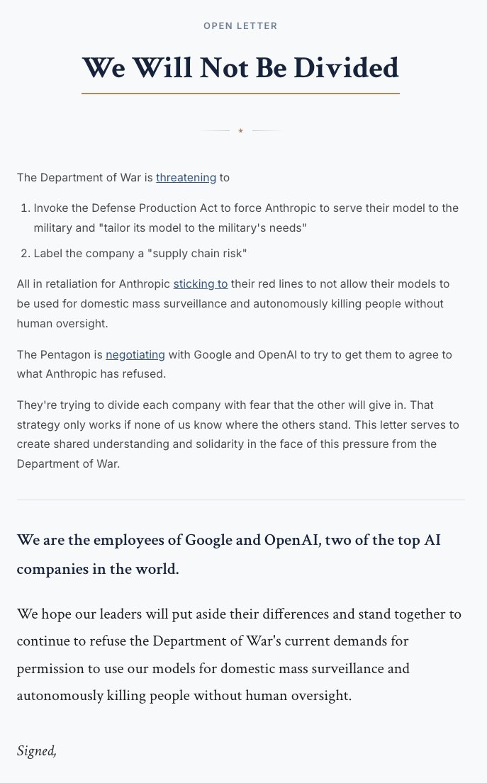 BREAKING: 300+ Google &amp; OpenAI employees just did something WILD.

In 8 hours, the Pentagon's ultimatum expires.

Instead of their companies giving in, employees just made it impossible to comply.

Either Anthropic removes all AI safeguards for military use, or face the Defense