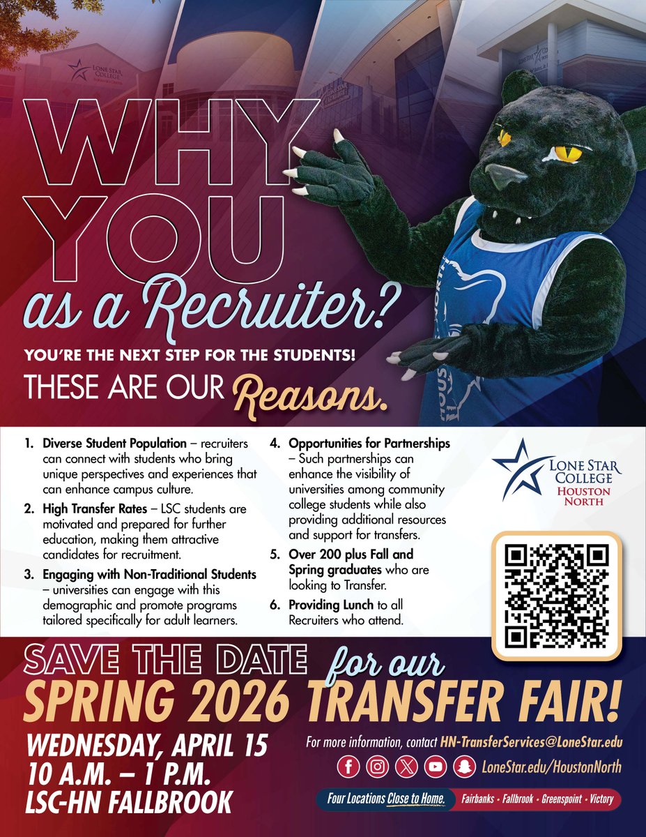 Save The Date!🗓️  Our Spring 2026 Transfer Fair take place Wednesday, April 15 at out LSC-Houston North Fallbrook location! Email HN-TransferServices@LoneStar.edu for more information.
