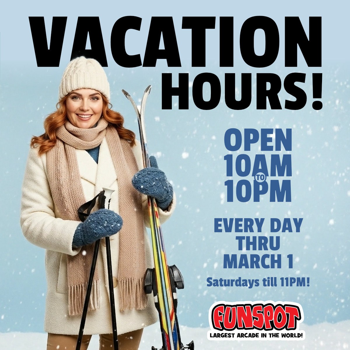 funspotnh's tweet image. ❄️ It's cold out! Trade your skis for Skee-ball! 🎿🟤 We're Open 10AM–10PM daily (Saturdays till 11PM) now–Mar 1! ✨ #FunspotNH #FebrauryVacation #NH