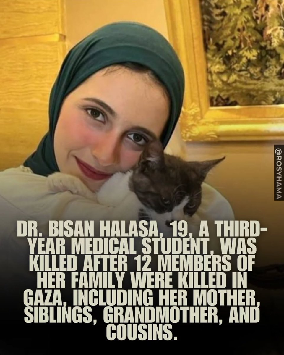 Before she was murdered by the jewish occupation, she wrote: 

'I am Bisan, 19 years old. I was born in my beloved Gaza, I lived in my beloved Gaza, and I will die in my beloved Gaza. I have dreams I have not yet achieved, and a long road I have not yet walked, and a warm family