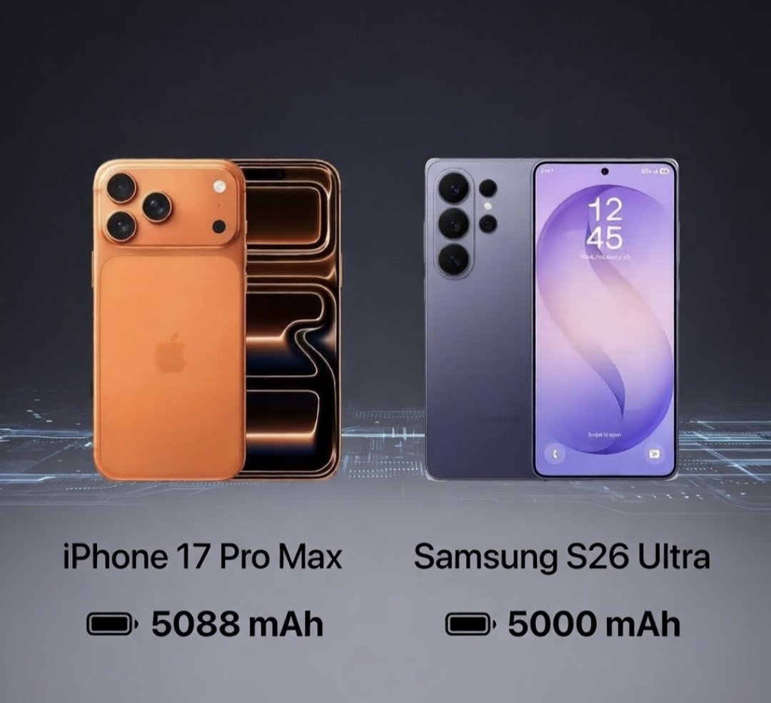 "The iPhone 17 Pro Max has a bigger battery than the Samsung Galaxy S26 Ultra 👀 
which one do you like more?"