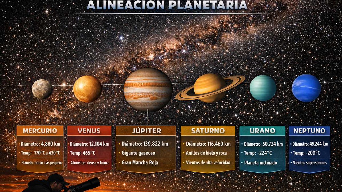 🪐✨ Mercurio veloz, Venus brillante, Júpiter gigante, Saturno con anillos, y los lejanos Urano y Neptuno se reunirán en un mismo arco celeste. ¡Conoce las características de cada planeta antes del gran evento! 🔭🌌
#Astronomía #AlineaciónPlanetaria #EspectáculoCeleste