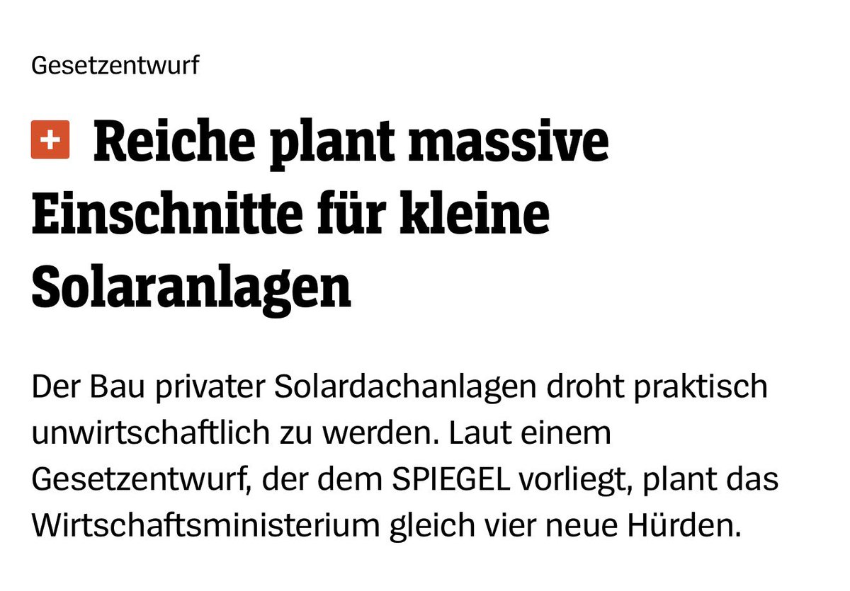 micha_bloss's tweet photo. Reiche will die Solarförderung für euer Dach streichen. Was das bedeutet – und warum es Wahnsinn ist. Ein Thread. https://t.co/G0OiOXsXs1