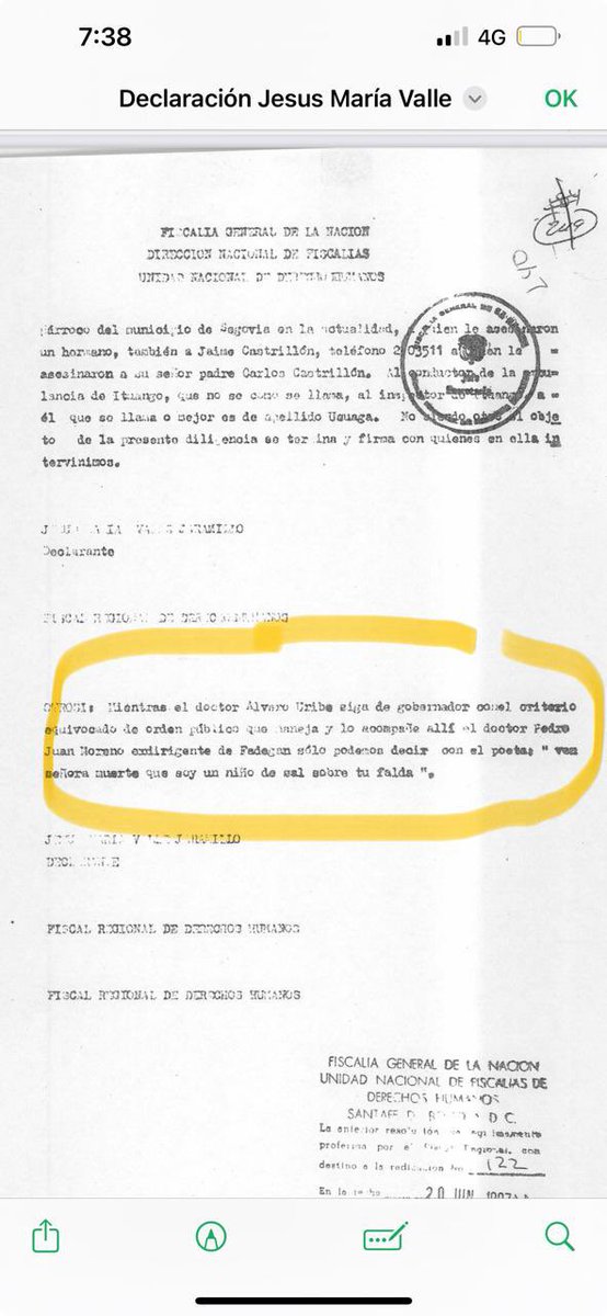En junio de 1997 ocho meses antes de su asesinato Jesús Maria Valle denunció en fiscalía el entramado entre paramilitares y la gobernación de Antioquia de la época.

Al finalizar  su testimonio incluyó un “otrosí” en su declaración que dice lo siguiente: 

“Mientras el doctor