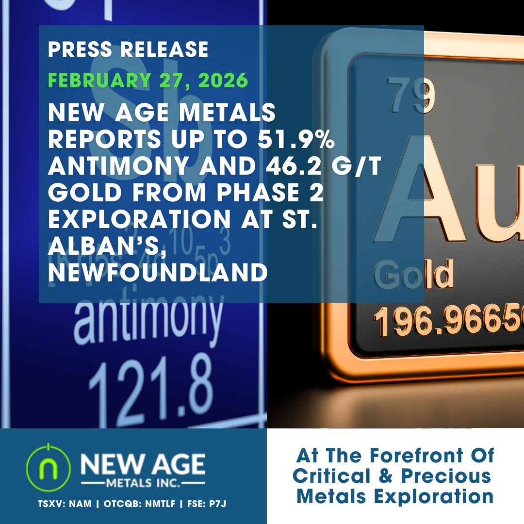 NewAgeMetals's tweet photo. Positive results from our gold/antimony division in Newfoundland.

You can read the full press release here: https://t.co/xrvBSrUdw9

#antimony #gold #newfoundland #pdac #pdac2026 https://t.co/oulzAHLEmr