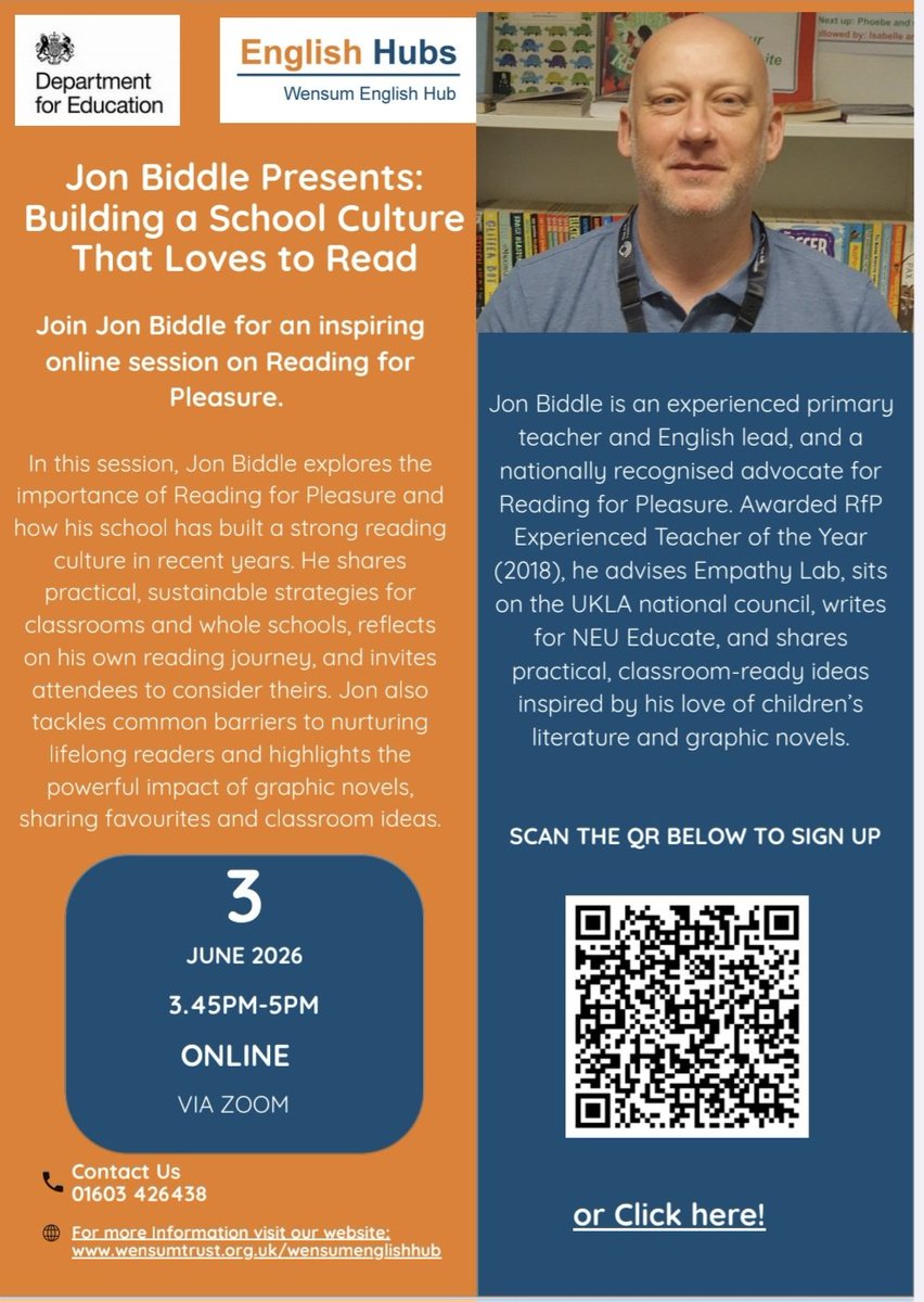 WensumEngHub's tweet image. 📚 Building a School Culture That Loves to Read 💕

Join @jonnybid for an inspiring FREE online session on Reading for Pleasure.

👉 Book your place now
forms.gle/18tWYTCfKPABZm…

#ReadingForPleasure #PrimaryEnglish #CPD #FREE #school #teachers #librarian