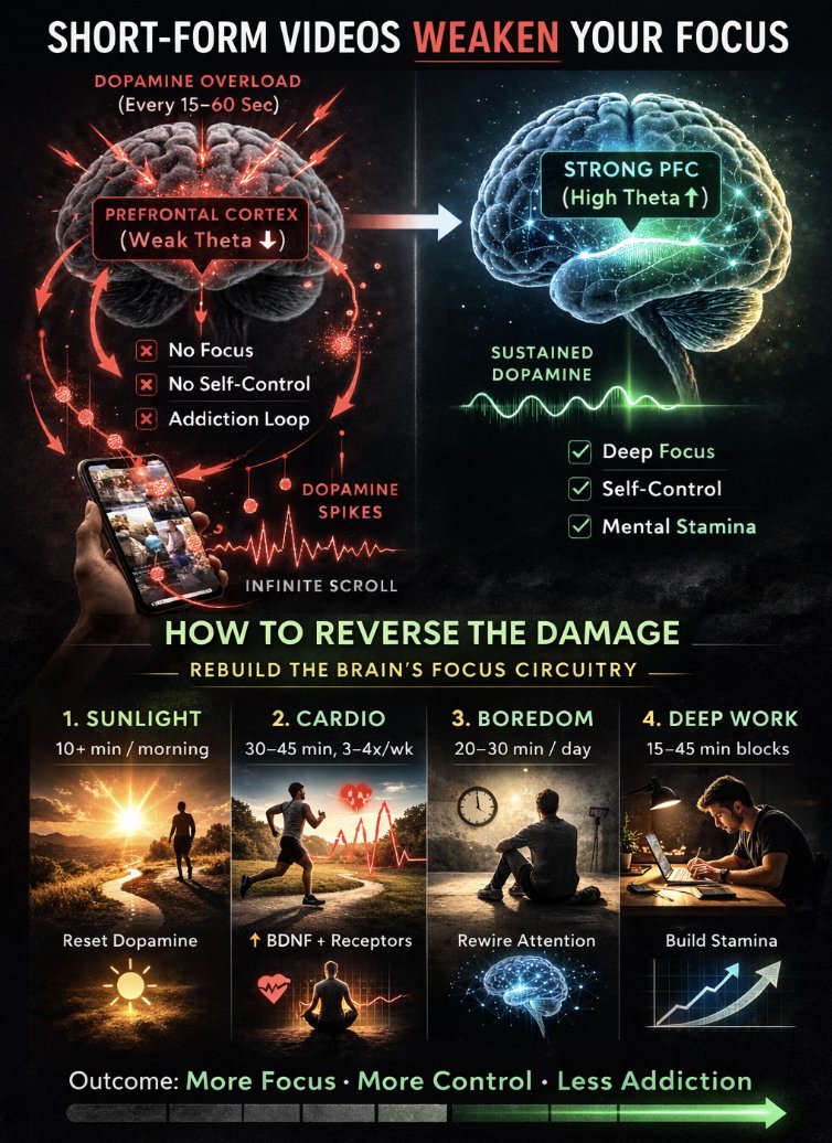 Longevity_EDU's tweet photo. Your attention span feels WEAKER than it used to.

You blame stress. Age. Burnout.

But it might be the 30-second videos you see every day.

EEG scans show short-form video addiction CRUSHES the brain activity you need for DEEP FOCUS.
 
Here’s what we know (and how to fix it):👇

Short-form video platforms are engineered for:

- Constant dopamine hits
- Endless scrolling
- Rapid novelty
- Zero friction

⚠️ We ALL know the feeling. ⚠️

You open your phone to do something...

Next thing you know you've been scrolling IG for 5 minutes and COMPLETELY forgot what you grabbed your phone to do in the first place. 😓

But here's the scary part:

Your brain adapts to what you repeatedly ask it to do.

If you train it for speed and stimulation…

It gets WORSE at depth and restraint‼️

In this 2024 study:

Researchers looked at short-video addiction tendencies and measured brain activity using EEG during attention tasks (n=48).

Despite the small sample size:

They found a SIGNIFICANT negative correlation (r = -0.395) between short video addiction scores and theta power in the prefrontal cortex during executive control tasks. ⚡️🧠📉

In other words, the brainwaves for:

- Delayed gratification
- Sustained attention
- Impulse control

Were alarmingly lower. 📉

When theta activity drops... your ability to hold focus on anything without instant reward drops with it.

But it gets worse. 😫👇

Addiction scores also negatively correlated with self-control (r = -0.320). 

In other words:

The more hooked you are… 

The weaker your circuitry that allows you to stop. 🛑

Why this matters:

Short-form video train a rapid dopamine loop, with new stimulus every 15–60 seconds.

But your prefrontal cortex doesn’t shift the minute you're done:

Dopamine activates coordinated neural ensembles that can sustain for up to ~20 minutes. ⚠️‼️

That means:

You NEVER build the gamma oscillations required for depth.

Basically... 

You start suffering from continuous partial attention. 🧠

❌ You have trouble focusing on anything
❌ You can't delay gratification
❌ You lose motivation
❌ Your willpower fails

And it's not because you’re weak.

It's because short-form video is literally degrading your mental hardware.

So with all that said...

⭐️ HERE IS YOUR 5-PART FIX: ⭐️

👇👇👇

1️⃣ 24 Hour Dopamine Detox

Give yourself a few days away from short-form video. 

Delete TikTok and IG for a bit.

✅ Give your brain and dopamine a chance to reset. 

2️⃣ Morning sunlight (10+ minutes)

Prioritize bright light early in the day to help reset your circadian dopamine rhythms and stabilize baseline motivation.

- Go outside
- Leave your phone
- Don't wear sunglasses
- Within 30–60 minutes of waking

3️⃣ Sustained duration cardio

(30–45 minutes, 3–4x/week)

Zone 2 cardio increases BDNF in the prefrontal cortex and improves dopamine receptor sensitivity.

Think:

- Cycling
- Elliptical
- Brisk walking
- Incline treadmill

These are not sprints - this is steady state cardio.

4️⃣ Deliberate boredom (20–30 minutes daily)

Most people will scoff at this...

But it's a MEGA life hack:

- No stimulation
- No phone
- No music

Sit. Meditation. Walk. Stare at a wall.

This allows your prefrontal ensemble activity to recalibrate without constant interruption.

5⃣ Rebuild cognitive stamina

Start with:

- NO PHONE for 1 hour to start your day
- 20 minutes of deep work 3x/day
- Phone away from eyesight
- Single task only

Add 5 minutes per week - train it like a muscle.

 💡THE BOTTOM LINE:💡

Short-form content is crushing your mental focus and motivation.

Listen...

You can call me a hypocrite. 📢📢

I put out 20+ short form videos EVERY month on YouTube / IG / TikTok to share various studies, protocols, and frameworks.

But your goal isn’t to quit short videos forever. 🎯

It’s to make sure your brain still remembers how to go deep. 🧠⚡️

❌ Because you CAN'T out-discipline a dopamine deficit.

✅ You MUST rebuild the substrate first.

Then behavior follows.

If your focus feels fractured...

Run the 5-PART FIX:👇

- Dopamine Detox
- Sunlight.
- Zone 2 Cardio
- Boredom
- Long-form input

You owe it to yourself to rebuild your brain’s capacity for depth. 🧠