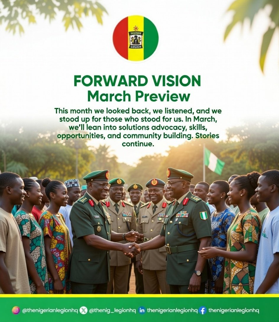 We’ve reflected. Now we move forward.

This March, the Nigerian Legion is driving solutions that empower veterans and strengthen communities. 🇳🇬

Are you with us?

Comment “FORWARD” 👇

#LegionStrong #CommunityImpact #SupportOurVeterans