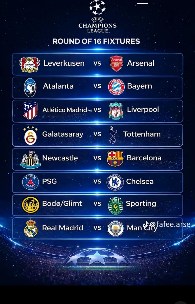 bendozilsport's tweet photo. champions league round of 16
#ChampionsLeague  #ChampionsLeague2026 #EuropaLeague https://t.co/Cj81y9XYfd