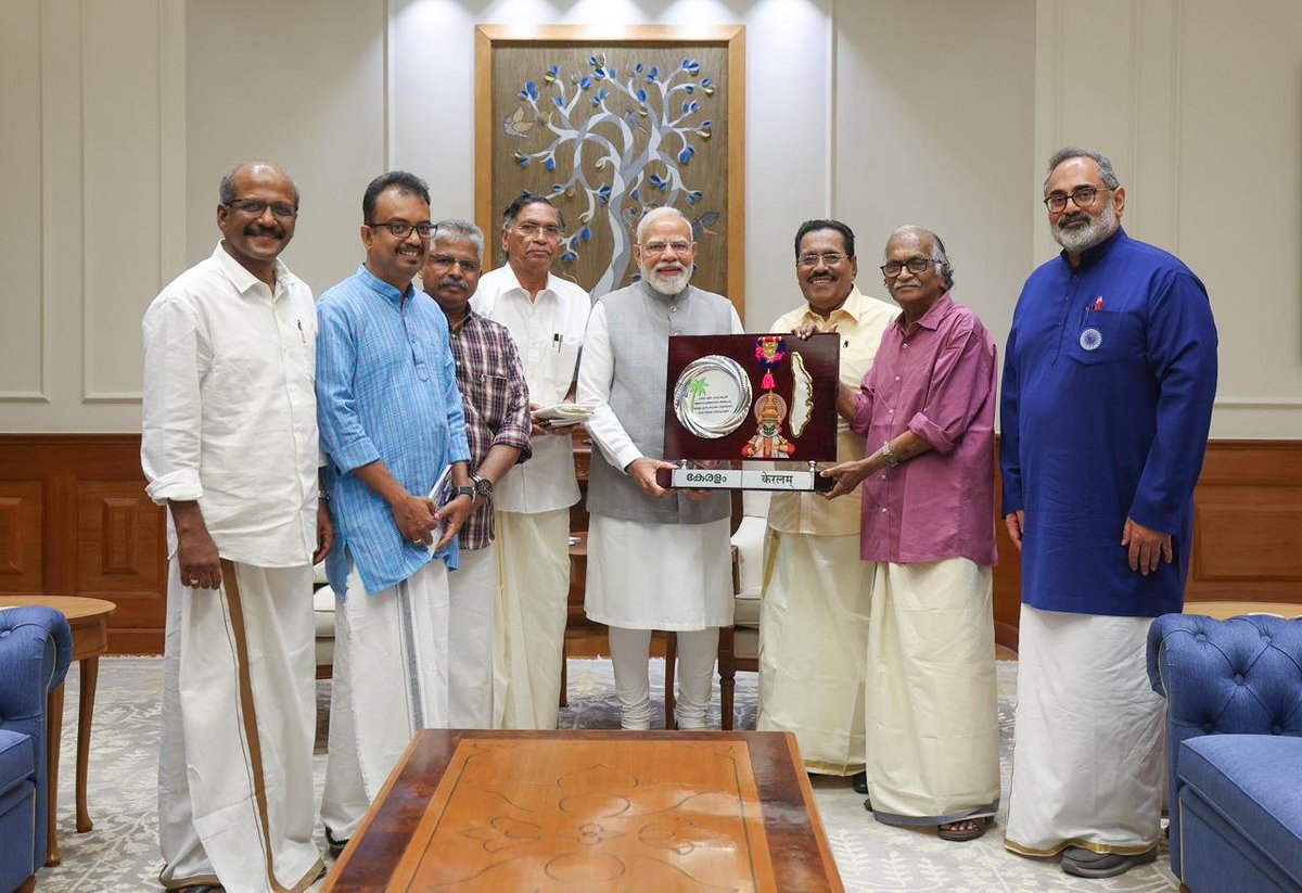 narendramodi's tweet image. Very happy to receive a group of eminent Malayali litterateurs who came to express their gratitude for renaming Kerala to Keralam.

The interaction was extremely insightful and it reflected their passionate commitment to Keralam and Malayalam.
