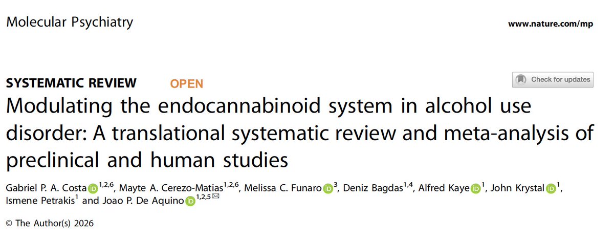JPDeAquinoMD's tweet image. New paper out in Molecular Psychiatry!

Huge congratulations to first author @Gabriel_PACosta for leading this #translational systematic review &amp;amp; meta-analysis on #endocannabinoid modulation in #alcohol use disorder.

Proud of this team effort.

nature.com/articles/s4138…
