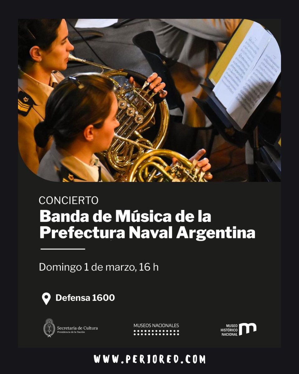 Este domingo 1 de marzo, la Banda de Música de la Prefectura Naval Argentina brindará un concierto para celebrar el aniversario del nacimiento de José de San Martín.

⏰ 16 h
📍 Defensa 1600
🎟️ Entrada libre y gratuita

🎼
#musica #concierto #cultura