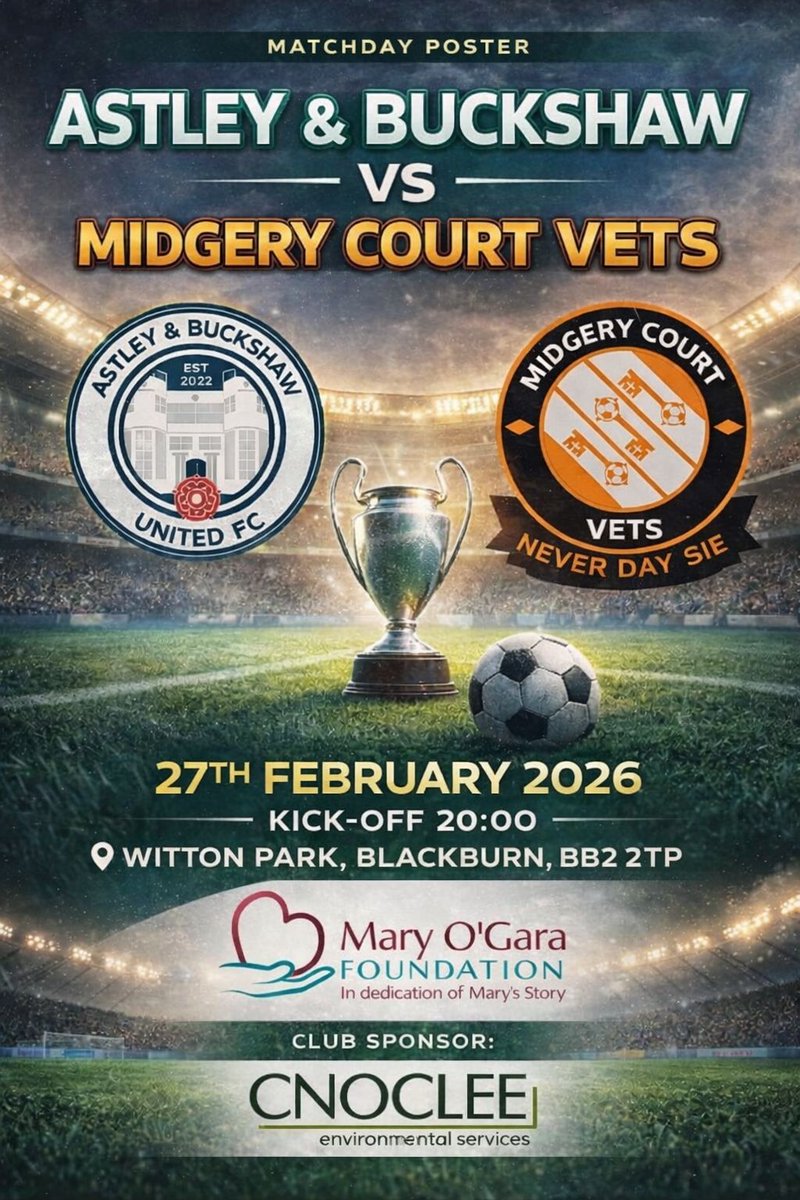 Midgery Court FC Vets are in action tonight against Astley &amp; Buckshaw FC Vets.

🕗 20:00 KO
📍 Witton Park

Another strong test under the lights as the lads look to keep standards high and build momentum.

Get down and show your support if you can. 💪⚽