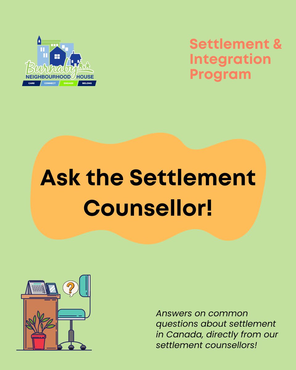 SBurnabyNH's tweet photo. Ask the Settlement Counsellor! ❓💬

 We're sharing answers to some of the most common newcomer questions, straight from our settlement counsellors. ✨

In this post, we share how to find free legal clinics in Burnaby ⚖️ and explain the steps to report incidents of racism. https://t.co/vPM2uqkyhM
