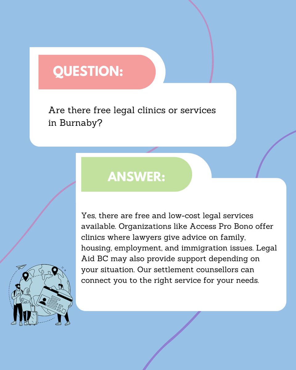 SBurnabyNH's tweet photo. Ask the Settlement Counsellor! ❓💬

 We're sharing answers to some of the most common newcomer questions, straight from our settlement counsellors. ✨

In this post, we share how to find free legal clinics in Burnaby ⚖️ and explain the steps to report incidents of racism. https://t.co/vPM2uqkyhM