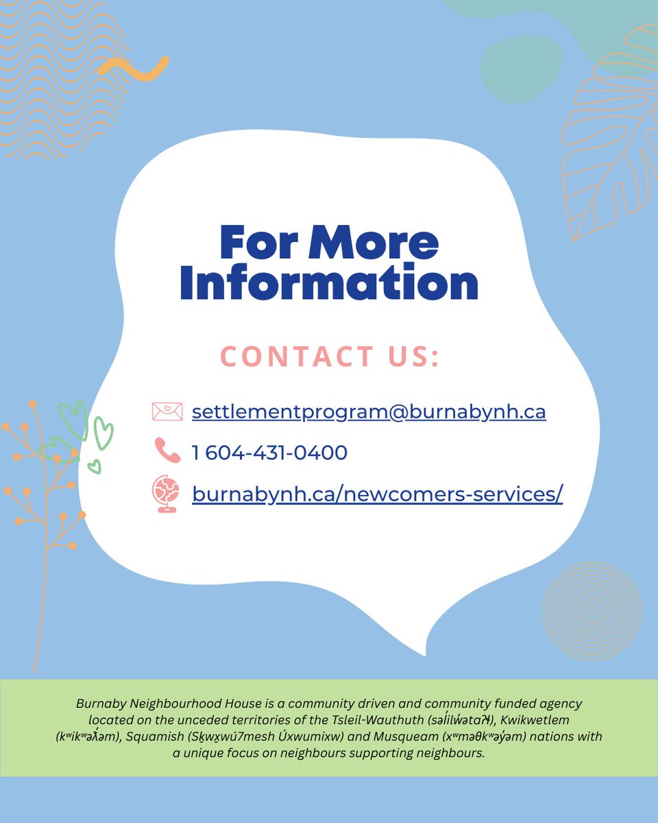 SBurnabyNH's tweet photo. Ask the Settlement Counsellor! ❓💬

 We're sharing answers to some of the most common newcomer questions, straight from our settlement counsellors. ✨

In this post, we share how to find free legal clinics in Burnaby ⚖️ and explain the steps to report incidents of racism. https://t.co/vPM2uqkyhM