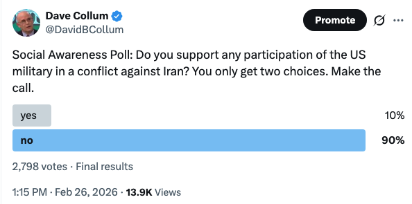 Pass this along to your senators and congressmen. I'll start: 

Dear <a href="/realDonaldTrump/">Donald J. Trump</a>: 90% of us do not want anything to do with a military action in Iran.