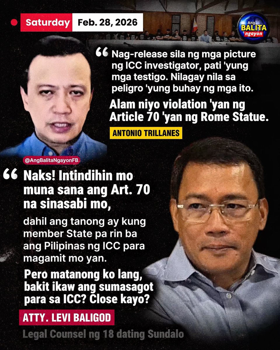 “BAKIT IKAW ANG SUMASAGOT PARA SA ICC?”

Ito ang naging matalas na reaksyon ni Atty. Levi Baligod sa pahayag ni  Antonio Trillanes kaugnay ng umano’y paglalabas ng mga larawan ng ICC investigators at mga testigo.

Kinuwestiyon ni Baligod ang pagbabanggit ni Trillanes sa Article