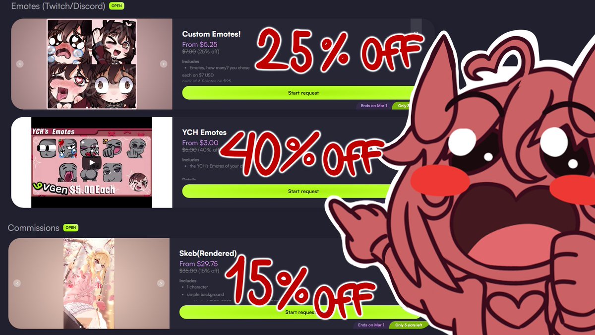 Hi i am selling Art for cheap this end of the month, if you are looking for goodlooking Custom Emotes, YCH or just skebs i am the better option

If you don’ t feel like using vgen, dm and we can probably work something out

vgen.co/cj17