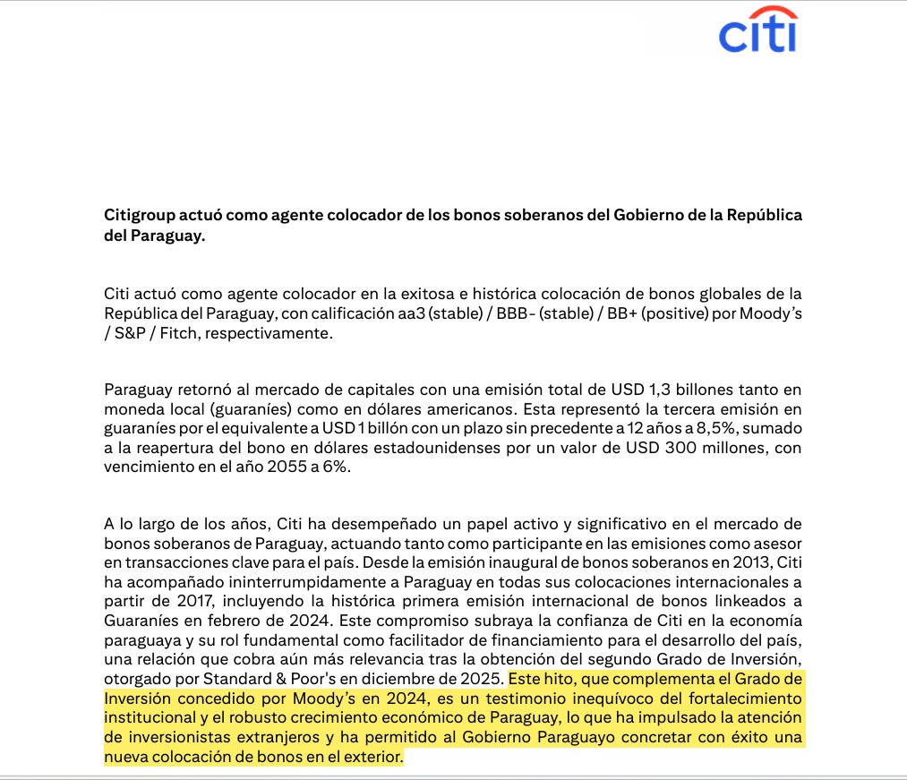 acostasamu's tweet image. #ElDato: no es poca cosa que #CITI, firma de alcance global y agente estructurador de la exitosa emisión de bonos soberanos #PY 🇵🇾 publique que además del doble grado de inversión, la economía nacional está dando: "testimonio inequívoco del fortalecimiento institucional".