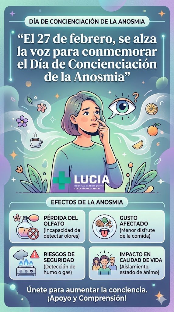 El 27 de febrero, se alza la voz para conmemorar el Día de Concienciación de la Anosmia, una jornada dedicada a educar y sensibilizar a la población sobre la pérdida del sentido del olfato y sus consecuencias, una condición conocida como anosmia.
#LuciaPorLaSaludDeTodos