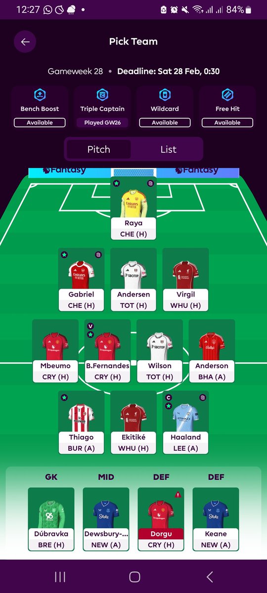 Fplantu007's tweet photo. Gameweek 28 🔒 #FPL 

Rice +Nordi Mukiele OUT ❌ 
Wilson + Van Dijk IN ✅ 
Haaland (C) https://t.co/aHzE0nOl5F