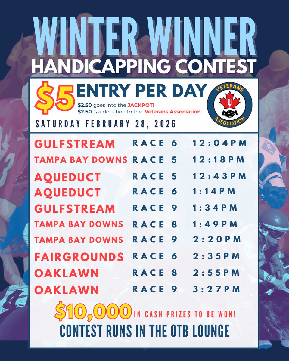 CenturyDowns's tweet photo. Stop by the OTB Lounge to get in on the Winter Winner action this Saturday! $5 entry fee gets you playing for a chance to win $500 in cash prizes! Congratulations to last week's winners! https://t.co/H6k264V6Vd