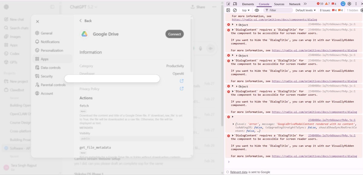 Encountered errors while connecting to Google Drive in <a href="/ChatGPTapp/">ChatGPT</a> <a href="/OpenAI/">OpenAI</a> <a href="/OpenAIDevs/">OpenAI Developers</a>