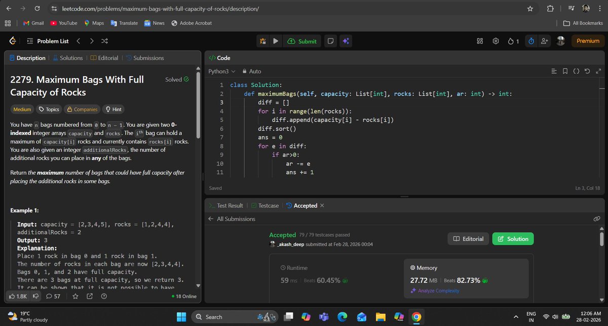 _deep_star's tweet photo. Hello All, I completed #Day787 of #365DaysofCode Challenge with @scaler_official

Question: Maximum Bags With Full Capacity of Rocks

discord link: https://t.co/KZjzYqsRFf 

#letsconnect #scalerdiscordcommunity #codewithscaler #365daysofcodescaler #365DaysofCode https://t.co/wgPX6jKTEb
