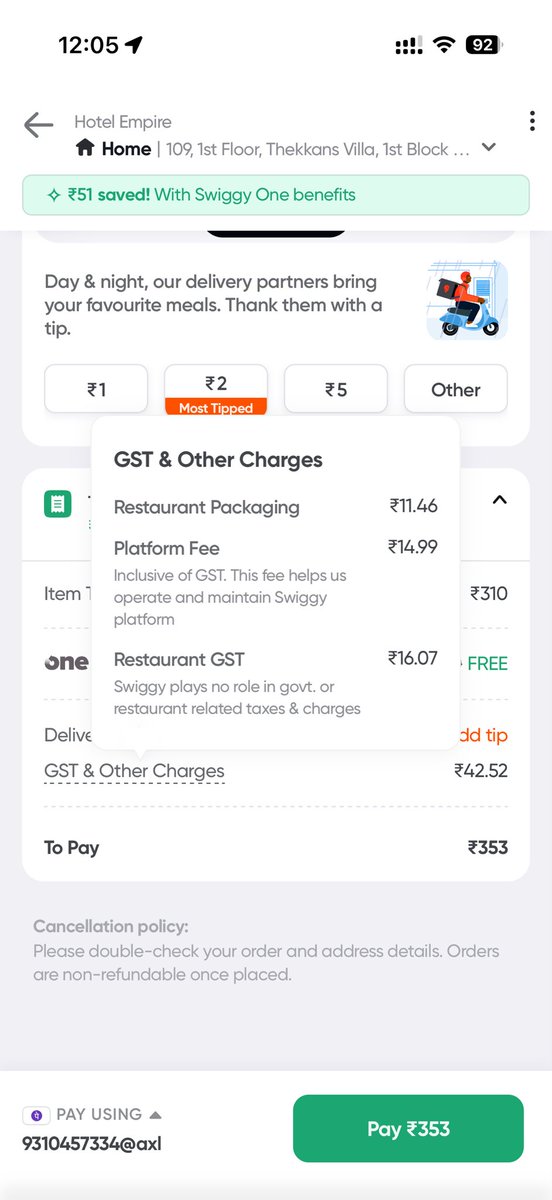 icprasanth's tweet photo. @Swiggy @zomato How come same order same hotel has different GST ? And different packaging charges? https://t.co/wuWdof5jUc