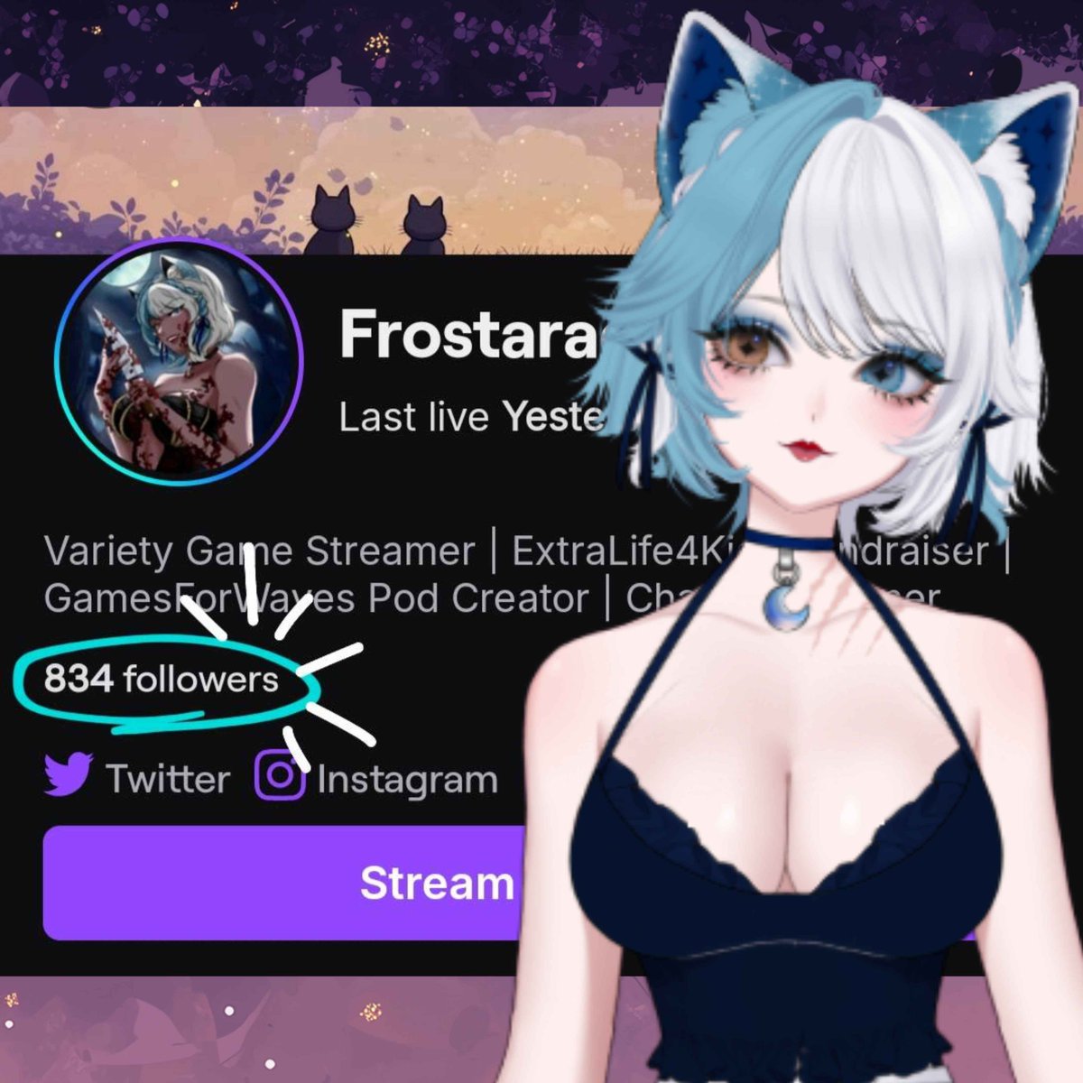 Frostarae's tweet photo. 834 followers?! 🐺💙

Thank you all so much for the love &amp; support it truly means the world to me! I’m a charity streamer over on Twitch, howling for good causes *Awooo*! If you love horror vibes, eerie fun &amp; cute cozy chaos, come join us in the shadows ❄️💙🩵 https://t.co/A6sxqqniux