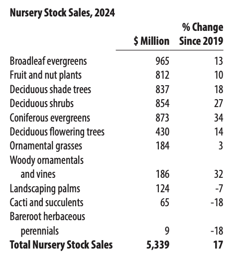 FarmPolicy's tweet image. #Nursery stock was the largest #horticultural category by value of sales in 2024 and accounted for 30% of all horticultural sales. Broadleaf evergreens was the largest category of nursery stock sales.

From the @usda_nass: tinyurl.com/4wy869d6