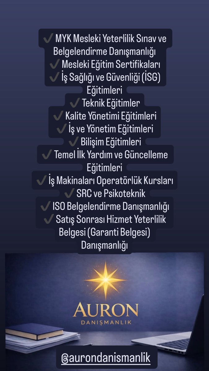 #MYK Mesleki Yeterlilik Sınav ve Belgelendirme Danışmanlığı
#Mesleki Eğitim Sertifikaları
#İş Sağlığı ve Güvenliği (İSG) Eğitimleri
#Teknik Eğitimler
#Kalite Yönetimi Eğitimleri
#İş ve Yönetim Eğitimleri
#Bilişim Eğitimleri
#Temel İlk Yardım ve Güncelleme Eğitimleri
#İş