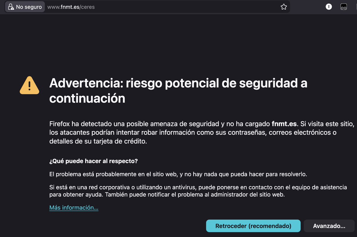Me parece triste en general que los sitios/aplicaciones web de la administración no se gestionen bien. Pero ir a pedir una renovación del Certificado Digital y encontrase con esto ya me parece dejación total de funciones... <a href="/CERESfnmt/">CERES</a> <a href="/redpuntoes/">Red.es</a> <a href="/mintradigital/">Ministerio Transformación Digital Función Pública</a> <a href="/Haciendagob/">Ministerio de Hacienda</a>