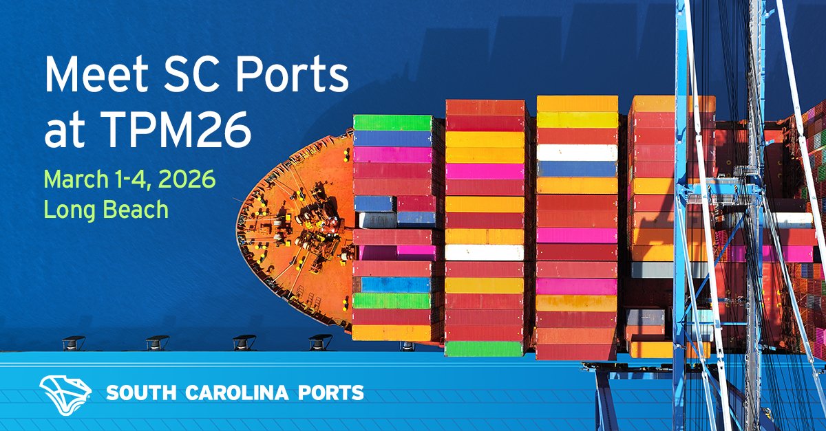 SCPorts's tweet photo. SC Ports President and CEO Micah Mallace and the commercial team will be joining TPM26 in Long Beach, March 1-4.
 
“The South Carolina Ports team is looking forward to connecting with customers and supply chain partners this week at TPM.
 
SC Ports is more than a port, we’re a partner. Our team delivers tailored solutions to the most demanding supply chain needs, and offers unmatched efficiency and partnership in the growing Southeast. We look forward to connecting this week and learning how we can grow together.”
 
- Micah Mallace