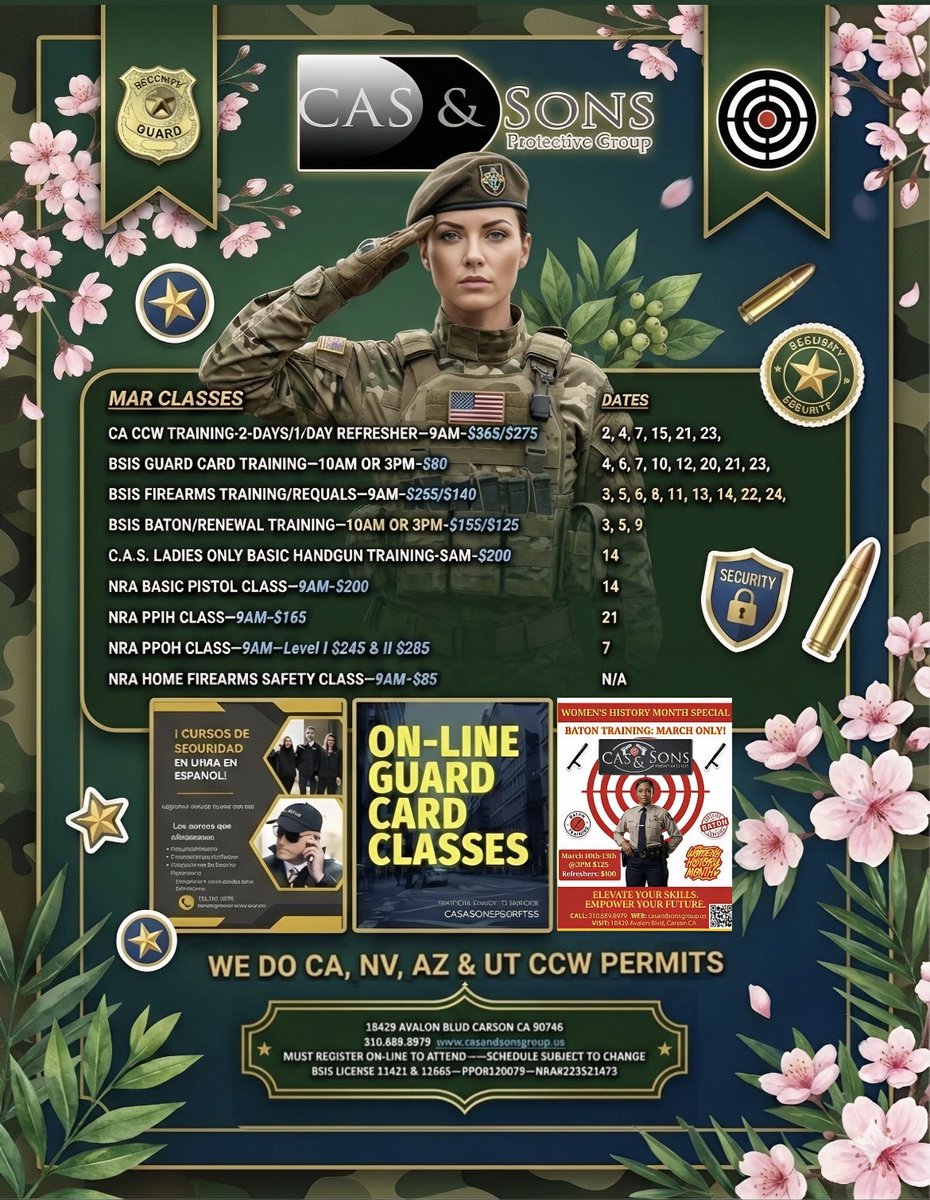 cas_sons's tweet image. March Training Schedule! Spots fill up fast! 🚨 Secure Your Spot Today! Celebrating Women’s Month! #firearmtraining #securityguardcard #securityservices #carsoncommunity