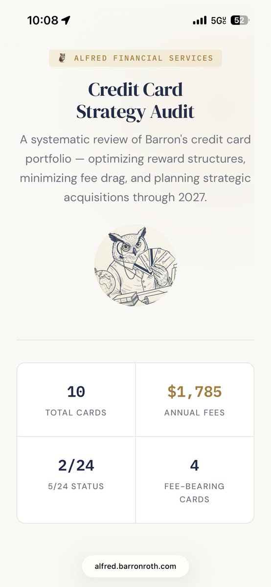 iamBarronRoth's tweet photo. new @openclaw meta: credit card churning

i love flying biz class as much as the next guy, but i don’t have the patience to maximally churn cc’s like r/churning

but my claw Alfred does!

gave him access to all my CC data, and he built me a churning strategy like no other https://t.co/AfixY3SE7E