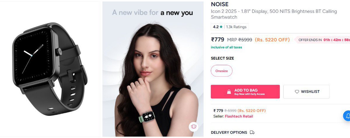 Dealer's tweet photo. NOISE Icon 2 2025 - 1.81" Display, 500 NITS Brightness BT Calling Smartwatch

✅ Deal Price: ₹ 779/- 😱

❌ Regular Price: ₹ 5,999/- 🙅

🛒 Buy Now : https://t.co/ul1I8sZAlD

😱 Deal Time: 12:17 AM IST https://t.co/MX1jPq30MK