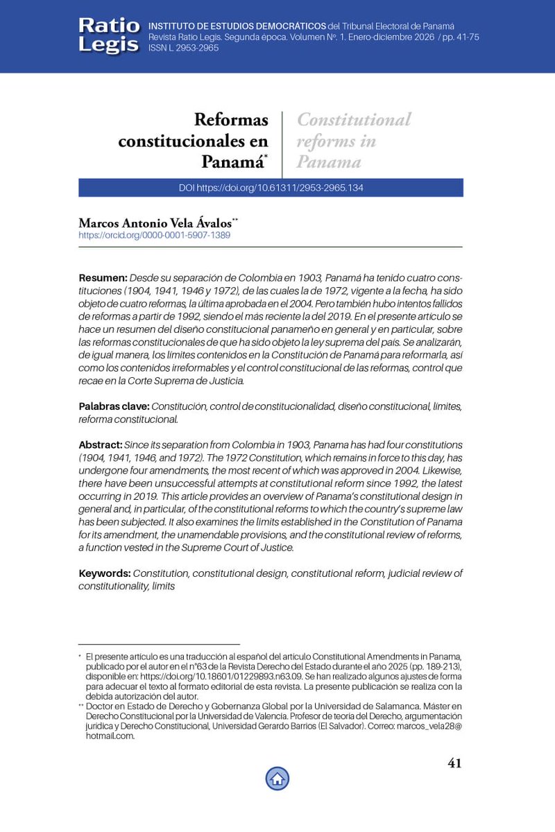 Nuevo artículo. REVISTA RATIO LEGIS, segunda época, vol. No. 1. (Publicación continua). 

REFORMAS CONSTITUCIONALES EN PANAMÁ. Pluma invitada: <a href="/MarcosVela28/">Marcos Vela</a>

Revista del INED del <a href="/tepanama/">Tribunal Electoral</a> 

revistas.ined.ac.pa/index.php/rl/a…