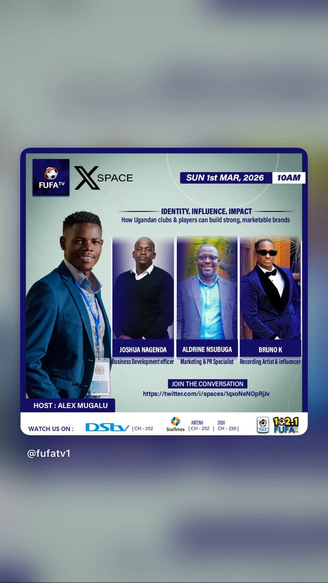 What should a club's brand be built on? 
This Sunday, 10AM on <a href="/fufatv1/">FUFA Tv</a> X space 
I will  be joined by senior <a href="/AldrineLive/">Aldrine Nsubuga SNR</a> <a href="/bruno_KUg/">Bruno K 🎸 🎙</a> &amp; <a href="/joshuanagenda/">Joshua Nagenda</a> 
to explore how Ugandan clubs can build a powerful brand identity that goes beyond just matches.