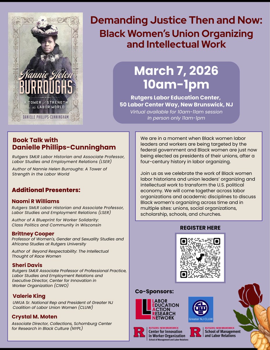 RutgersCIWO's tweet photo. Demanding Justice Then and Now: Black Women's Union Organizing and Intellectual Work

Join us for a book talk and a panel discussion - March 7th from 10am-1pm at Rutgers Labor Education Center! 🌟Refreshments will be served🌟

@LearnRutgers Greater NJ CLUW @RutgersCIWO @RU_SMLR https://t.co/xsJpPKkdsY