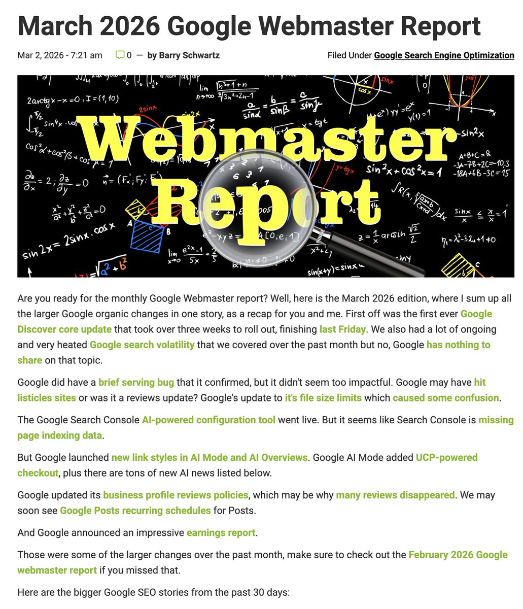 rustybrick's tweet photo. Google March 2026 webmaster report is now live https://t.co/UmKApmKU6u https://t.co/wPRQoqofEx