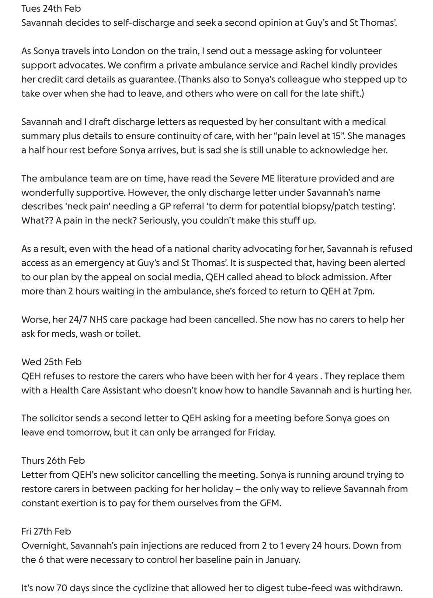 Update:

Feeling unsafe Savannah self-discharged &amp; left QEH in a private ambulance. Even with the CEO of a national charity advocating in person, Guy’s refused to admit her. After waiting over two hours in the ambulance, she was forced to return to QEH.

gofundme.com/f/severemergen…