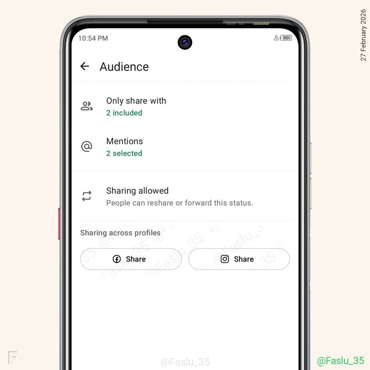 Faslu_35's tweet photo. WhatsApp has updated its Status Audience page by placing the Cross-posting options directly within the interface.
This allows users to manage their Facebook and Instagram story sharing settings right from the same screen https://t.co/DXjNB6W5Dp