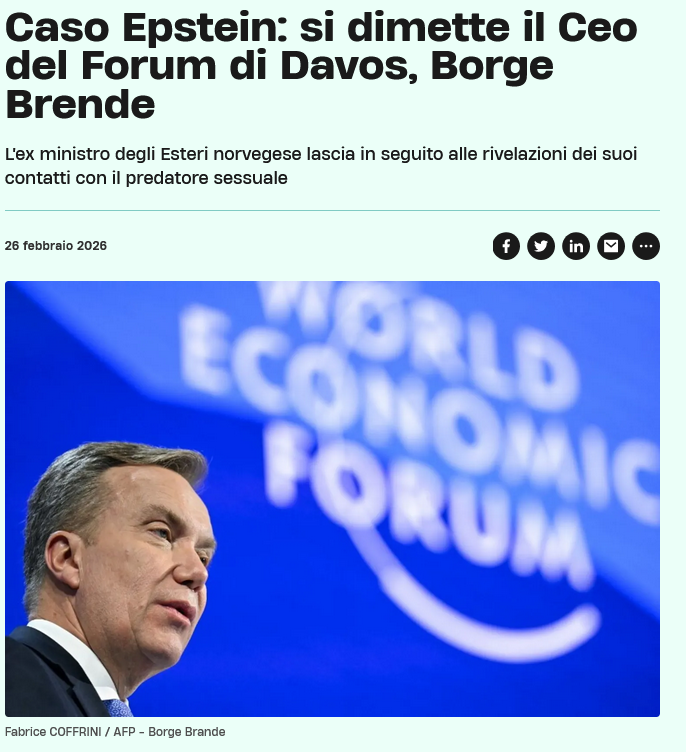 riktroiani's tweet photo. Altre dimissioni di rilievo per il caso #Epstein.
Ha rassegnato le dimissioni il presidente e Ceo del Forum economico di #Davos, Borge #Brende, in passato ministro degli esteri norvegese.
Si legge nell'articolo: "Dopo un'attenta riflessione ho deciso di dimettermi", ha affermato Brende, oggetto di un'indagine interna del Forum sul suo rapporto con Epstein, con il quale avrebbe partecipato a tre cene di lavoro e scambiato messaggi, secondo i documenti sul caso resi pubblici dal dipartimento di Giustizia degli Stati Uniti.
Per approfondire: https://t.co/Oc5vcAykdM
