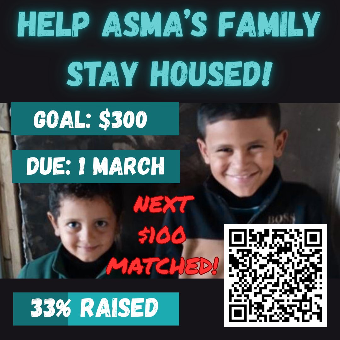 We've reached one-third of
<a href="/asmaa85560/">Asmaa_said</a>'s rent goal, but she's running out of time. Please help to keep the page moving. Donations will be matched, so other donors only need to raise $100 more to keep her and her family safely housed! 
chuffed.org/project/169896
